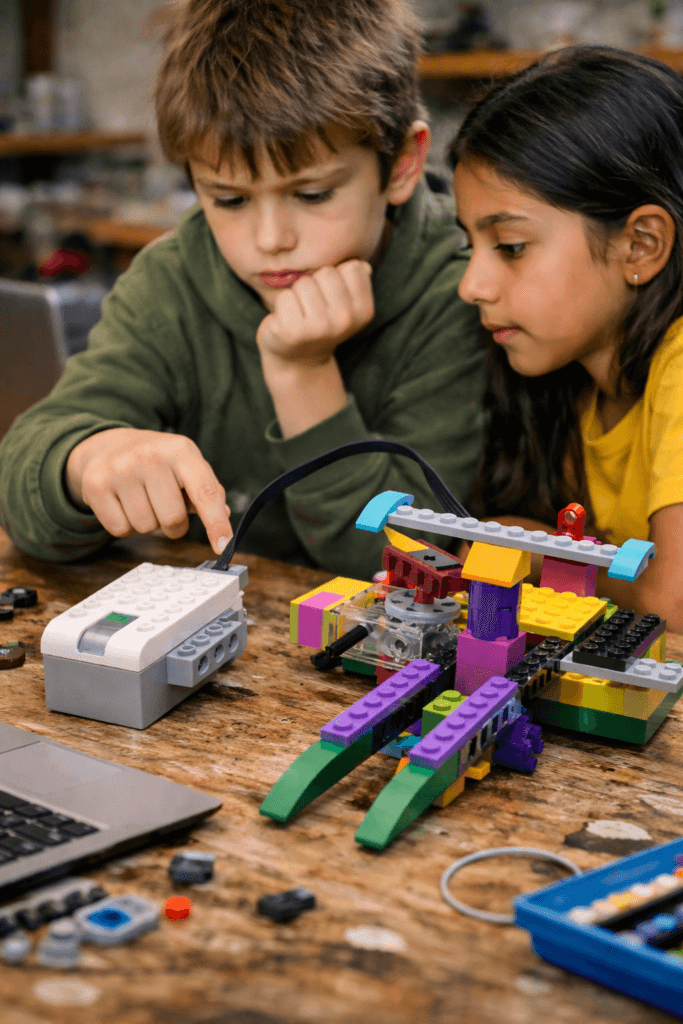 Students collaborating on a STEM project using critical thinking.